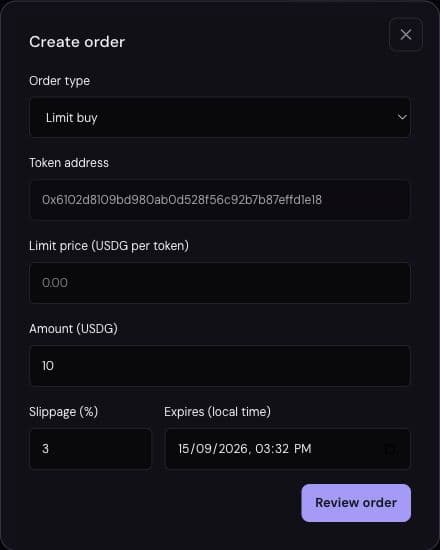 Quickscope's Create order form showing order type, token address, price, amount, slippage and expiry.